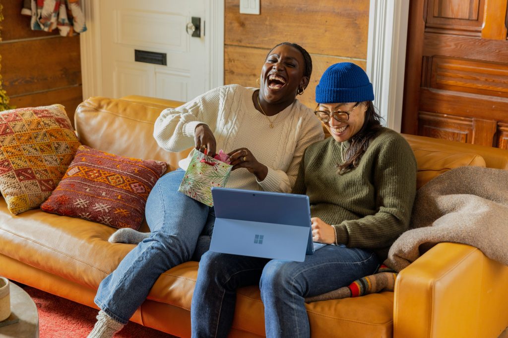 two girls laughing